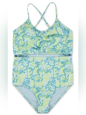 Hurley Light Blue & Lime Patterned Girls One-Piece Swimsuit